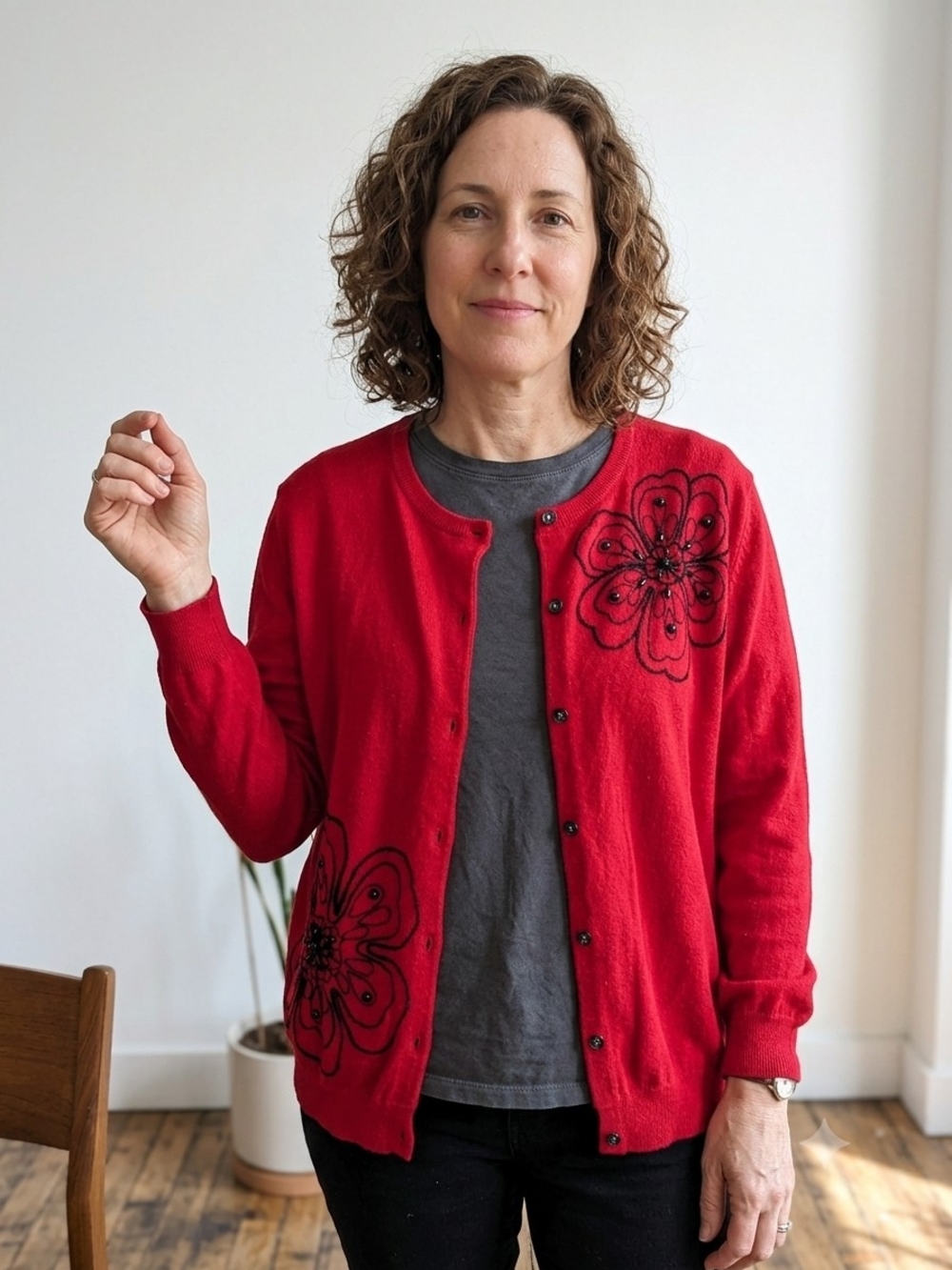 Alfred Dunner Women's Red Embroidered Flower Button-Front Cardigan Vintage 90s
